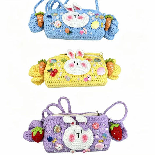 Three colorful crochet yarn bags with bunny faces and carrot handmade rabbit phone bag crossbody candy sharp with animal pouch