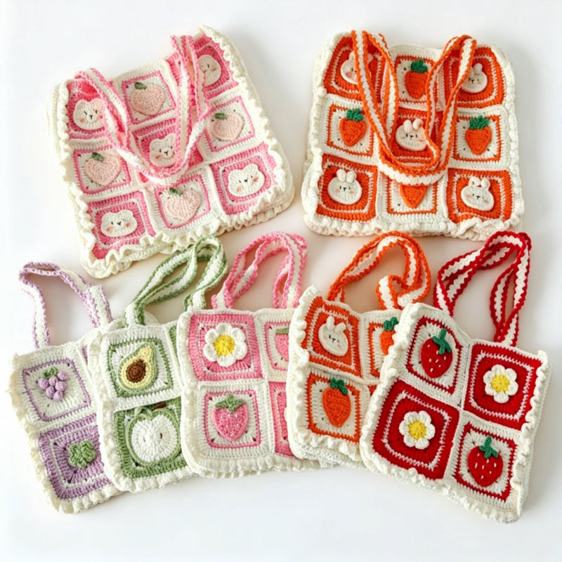 Colorful handmade crochet bags with various fruits 